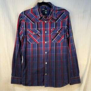 3rd & Army Snap Button-Down Red Blue Ombré Plaid Shirt Size Large Western